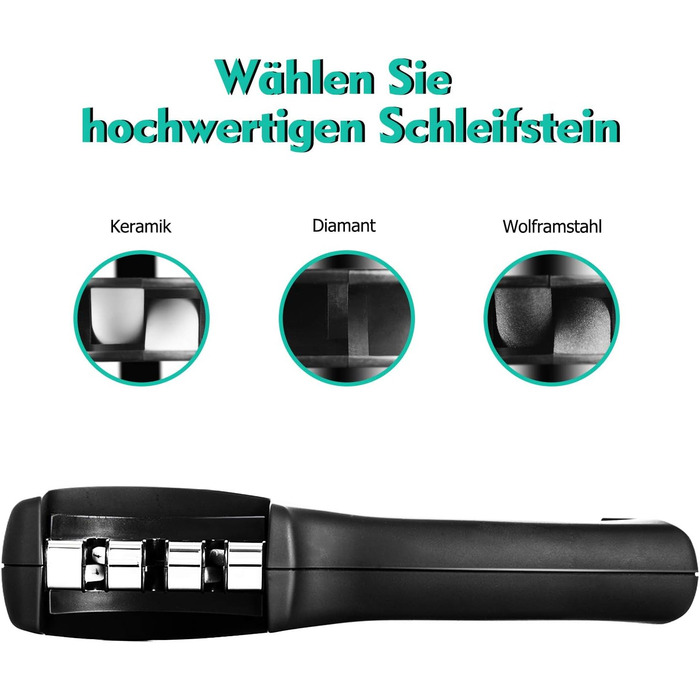Точилка для ножів Adoric з 3 ступенями, вольфрамовий сталь, діамант, кераміка, чорна