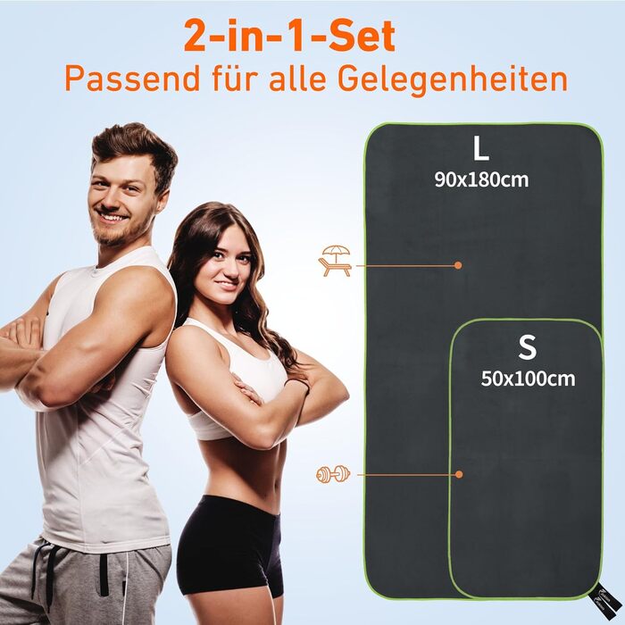 Набір з 2 рушників з мікрофібри (180x90 см + 100x50 см), швидковисихаючі, без піску, для пляжу, спорту, фітнесу, кемпінгу, темно-сірий - зелений (темно-сірий - помаранчевий)