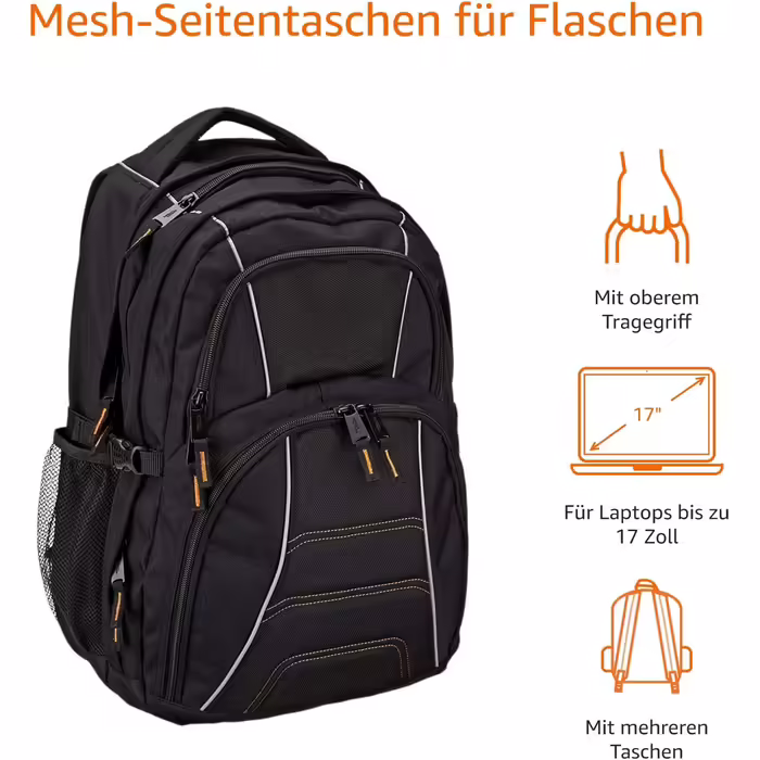 Рюкзак для ноутбука Amazon Basics, чорний, 17 дюймів, з м'якими лямками та органайзером для ручок, ключів і телефону