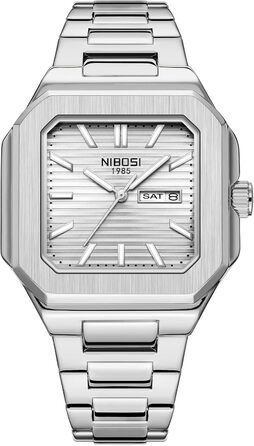 Годинник чоловічий NIBOSI: кварцовий годинник з нержавіючої сталі, мілітарний стиль, квадратний корпус, водостійкий, білий циферблат, для бізнесу та повсякденного носіння