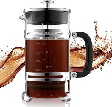 Френч-прес VEVOR 1 л з боросилікатного скла та нержавіючої сталі - для приготування кави, чаю, кемпінгу, подорожей, кухні, ресторану