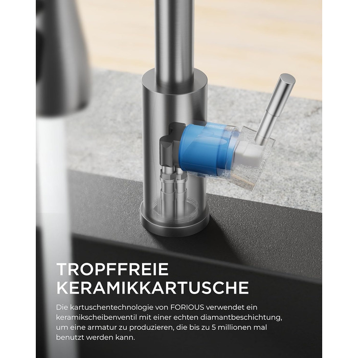 Змішувач для кухні FORIOUS з висувною лійкою, 360° обертання, 2 режими, нержавіюча сталь