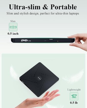 Зовнішній DVD-накопичувач PeroBuno USB 3.0 Type-C, CD ROM +/-RW оптичний привід, ультратонкий DVD-записувач та плеєр для ноутбука, PC, MacBook (Windows, Linux, macOS)