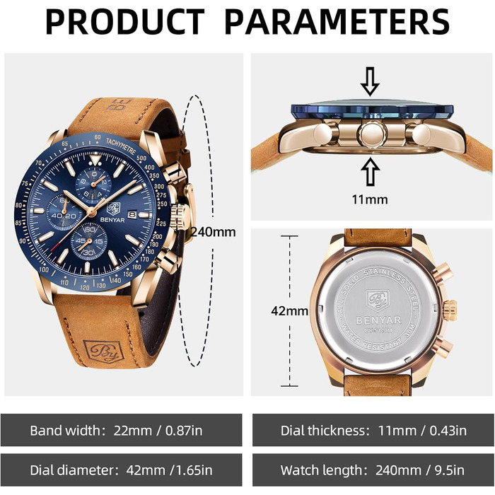 Годинник чоловічий BENYAR Quarz Chronograph, водонепроникний, з датою, браслет, класичний, для повсякденного та ділового стилю, коричнево-золотий, блакитний (прекрасний подарунок)