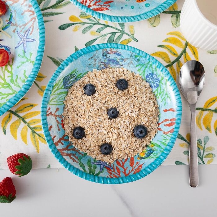 Набір посуду з меламіну, 12 предметів: 4 тарілки та миски, для дому, кемпінгу, BPA-free, безпечний для миття в посудомийній машині (Тропічний океан)