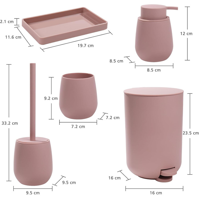 Набір для ванної кімнати AJEUNGAIN (5 предметів) сірий, сучасний органайзер, комплект сміттєвий контейнер, тримач для щітки, дозатор мила та стакан для зубної пасти, піднос (Рожевий)