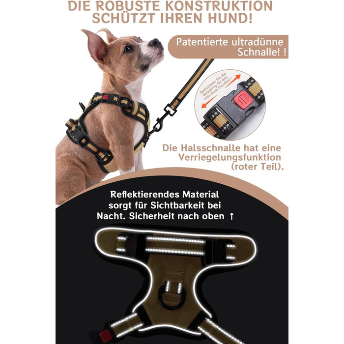 Нашийник для собак BaoCheng Anti Pull, протирвучий, малий/середній/великий, дихаюча сітка, зручне одягання/роздягання, 3 пряжки, безпечний, знімає напругу, світловідбиваючий (Хакі, S)