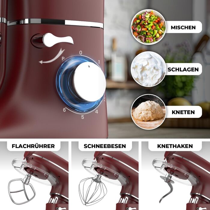 Кухонна машина з машиною для пасти – 2000W, електрична, з нержавіючою чашею 6.2L (червона)