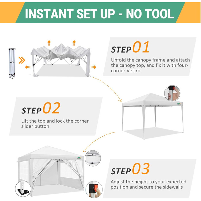 COBIZI Folding Gazebo 3x3 Waterproof Stable Pop Up Gazebo Folding 3x3 with 4 Sidewalls | Waterproof | UV Protection 50+ | Gazebo Party Tent for Garden Party Market Picnic | incl. Bag (White)