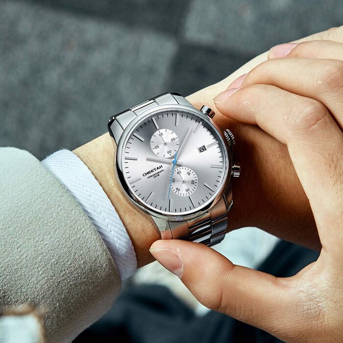 Чоловічий годинник-хронограф з нержавіючої сталі та металу, водонепроникний, кварцовий, з авто-датою та яскравими стрілками (білий)