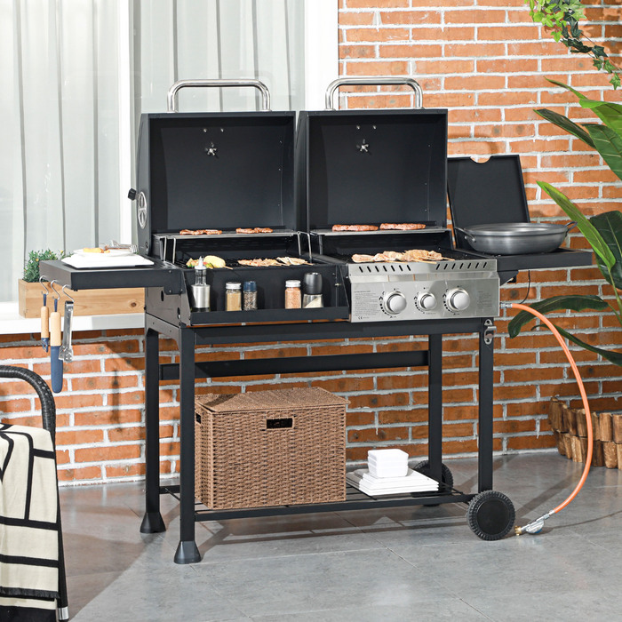 Outsunny Grill Cart Gas Grill with 2+1 Burner, Thermometer, 3kW BBQ Charcoal Grill with Shelf, Side Table, Hooks, Camping Grill with Hose for Garden, Balcony, Black | Aosom