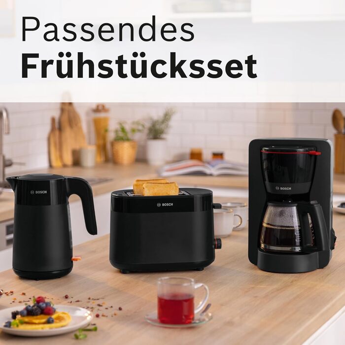 Bosch Compact Toaster MyMoment TAT2M123, integrated bagel attachment, with defrost function, with automatic shut-off, lift function, bread centering, perfect for 2 slices, 800 watts, matte black. Bagel attachment integrated, black.