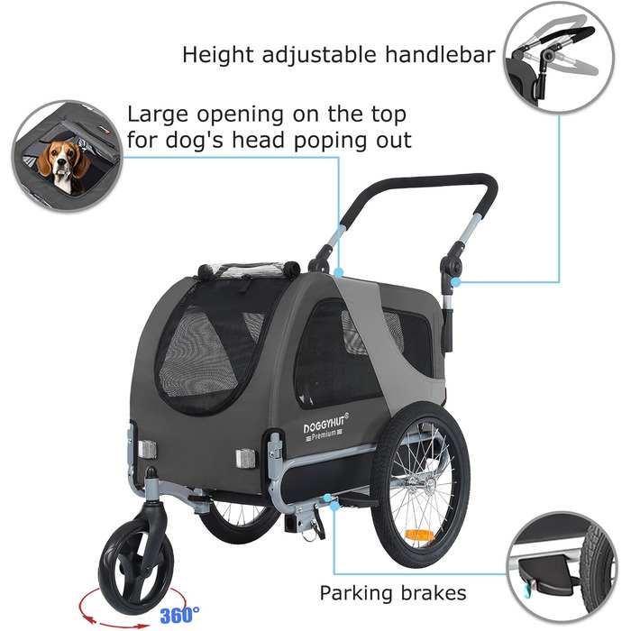 DOGGYHUT® Преміум візок для собак 2-в-1: візок-бугель для собак до 23 кг (Сірий)