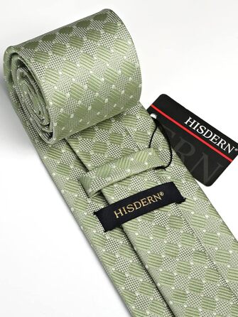 HISDERN Комплект краватки та нагрудного хустинки для чоловіків: краватка в клітинку та елегантний нагрудний хустинка салатовий колір