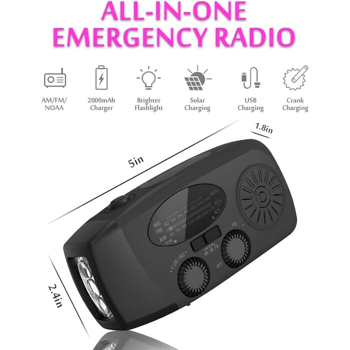 Радіо Solar Radio на сонячній енергії з ручним генератором, AM/FM, аварійне радіо з повербанком 2000mAh, LED ліхтарик, USB зарядка для телефону, чорне - для кемпінгу та активного відпочинку
