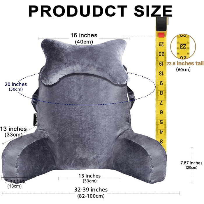 Подушка для сидіння в ліжку, диван, для дорослих, з кишенями, сірого кольору