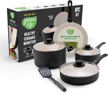 Набір кухонного посуду GreenLife Soft Grip 8 предметів: керамічне антипригарне покриття, посуд для смаження, соусників, тушкування, кришки з термостійким пластиком, посудомийна машина, блакитний/кремовий