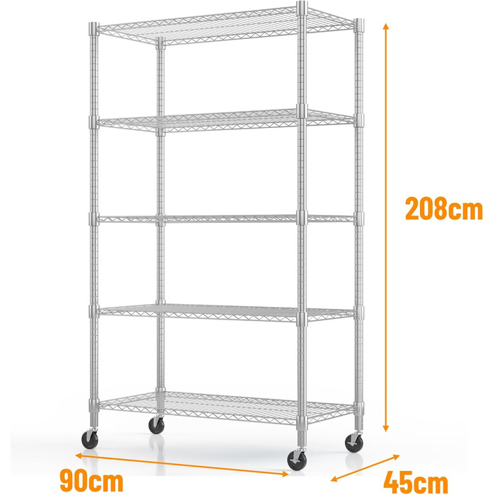 Himimi 5-Tier Rolling Wire Shelving Unit with Adjustable Height and Leveling Feet