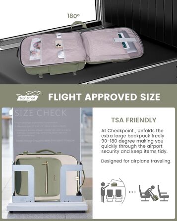 Рюкзак LOVEVOOK для ручної поклажі літака, 40L, водонепроникний, з відділенням для ноутбука 17 дюймів, для подорожей, школи, роботи, кемпінгу (зелений + бежевий + чорна шкіра)