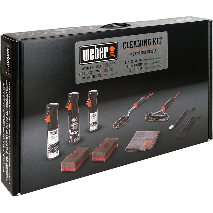 Weber Grill Cleaning Set for Enamel Grills, includes: 3 Grill Brushes, Grill Grate & Enamel Cleaner (300ml each), Non-Stick Spray 200ml, Microfiber Cloth, Scraper, 2 Cleaning Sponges (18284)