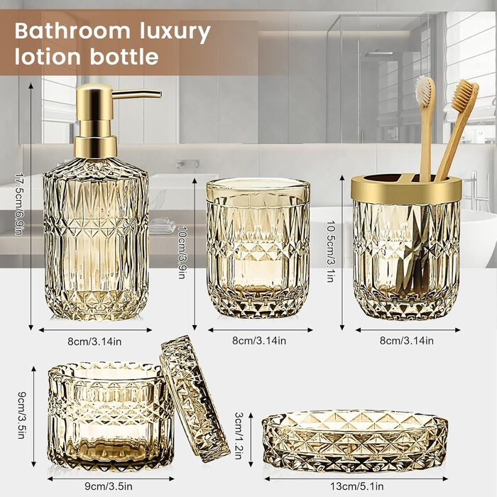 Набір аксесуарів для ванної кімнати з 5 предметів, золото, скло: диспенсер для лосьйону, мильниця, тримач для зубних щіток, стакан, ватні палички. Сучасний дизайн, вінтажний подарунок