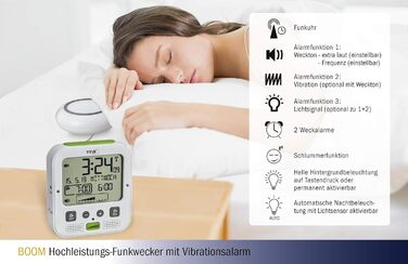 TFA Dostmann Boom Funkwecker, Loud with Vibration Alarm, Snooze Function, Adjustable Volume and Brightness, Automatic Night Light, White, L 110 x W 65 x H 122 mm