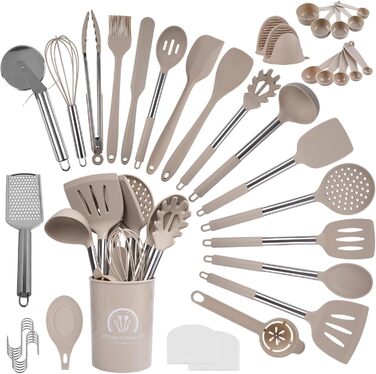 Набір кухонних помічників Silikon, 45 предметів: лопатки, ложки, пензлі та аксесуари для кухні з тримачем та S-гачками, термостійкий, придатний для миття в посудомийній машині, хакі