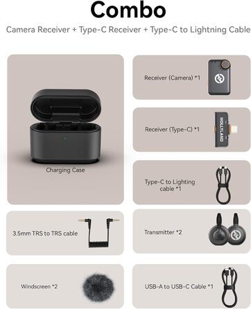 Hollyland Lark M2S Бездротовий мікрофон-лапка з USB-C для iPhone 15/16 та Android, кліпса Titan, Plug-and-Play, шумозаглушення, 300 м радіус дії, 27 годин роботи від акумулятора для Vlogging (2TX+2RX+1 Cable for Lightning, Чорний)