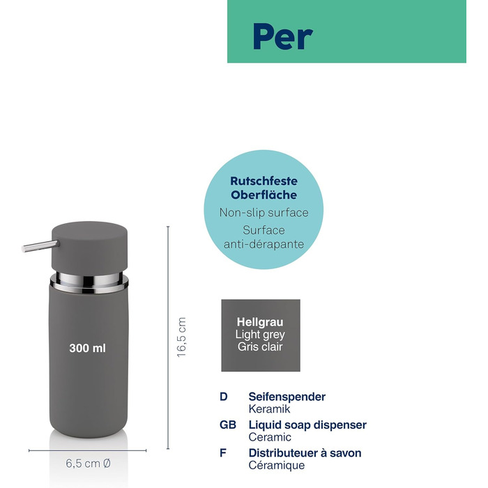 Дозатор мила Kela 300 мл PER, сірий керамічний, антиковзне покриття, помпова пляшка, дозатор миючого засобу, матовий світло-сірий