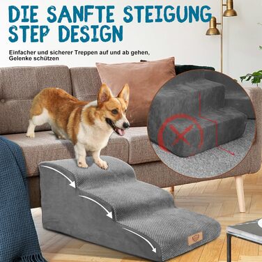 Phone Dog Stairs for Small Dogs, Dog Stairs, Non-Slip Dog Stairs 5 Steps, Washable Dog Ramp Bed, Pet Stairs made of High-Density Sponge, for Injured & Older Dogs, Cats (Pet Stairs 3 Steps, gray)