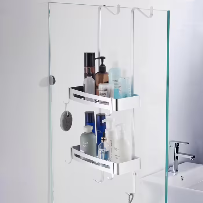 MOGFCT Shower Shelf for Hanging, Bathroom Shower Storage, Over-the-Door Hanging Shower Shelf, Stainless Aluminum Shower Shelf, Bathroom Shelf with Hooks (Double Silver)