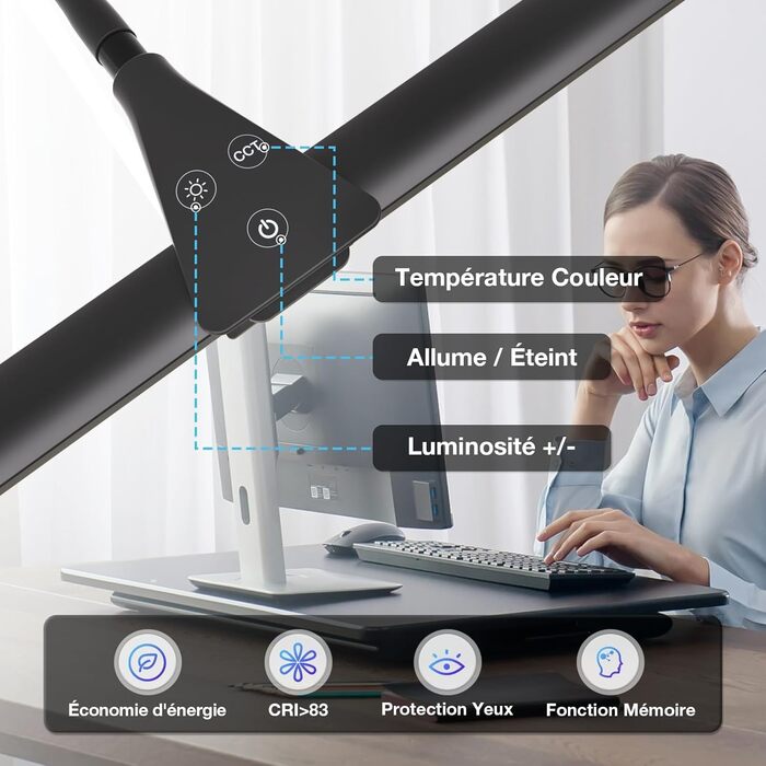 Потужна LED-лампа настільна Hensam для роботи та навчання, з регулюванням яскравості, 5 режимів, захист очей, сенсорне управління, чорна