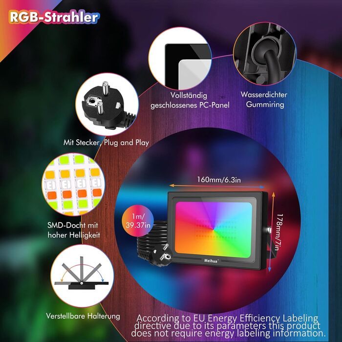 MEIHUA RGB LED Floodlights 2 Pack with Remote Control, IP66 Waterproof Outdoor Floodlight, 10 Colors, 12 Modes Color Changing, Dimmable, Indoor/Outdoor Floodlight with Timer and Memory Function for Garden, Tree, Landscape (35W)