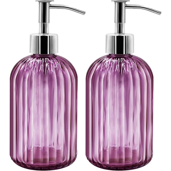 Набір з 2 скляних дозаторів для мила з помпою, 400 мл, для мила, шампуню, лосьйону, багаторазові, для кухні, ванної, пральні (фіолетовий)