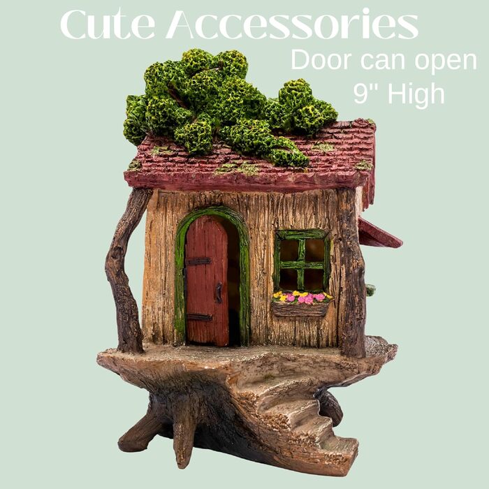 PRETMANN's Fairy Garden House - large fairy tree house with a door that opens - 22.9 cm high - fairy garden accessories