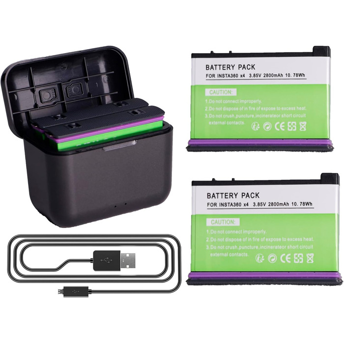 2 x 2800mAh акумулятори Insta360 X4 з зарядним пристроєм USB-C, Li-Ion акумулятори для Insta360 X4, з мікро SD картами