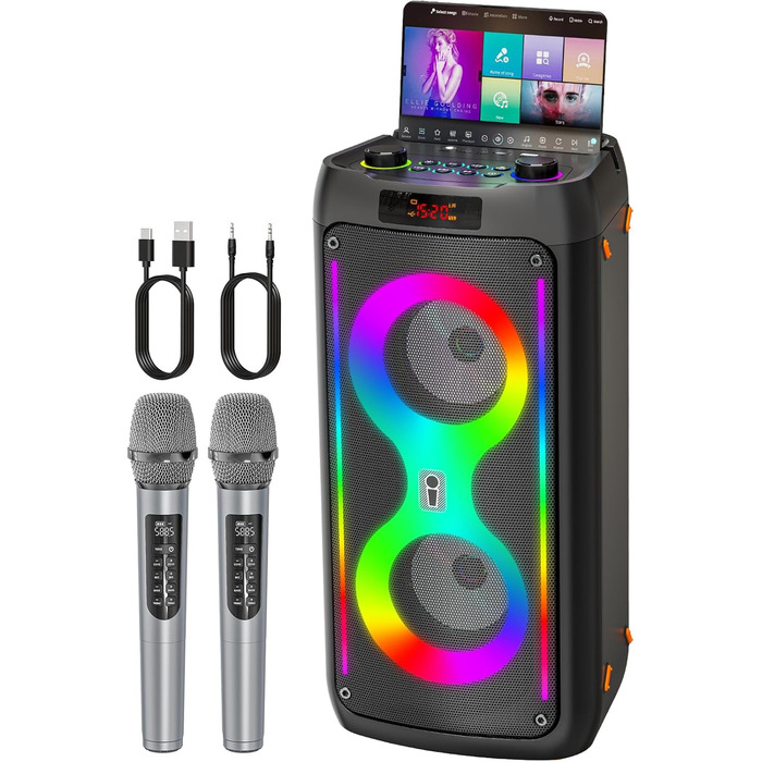 Портативна караоке-машина з Bluetooth, 2 мікрофонами, світлодіодним підсвічуванням та підтримкою USB/TF/Rec/FM/AUX