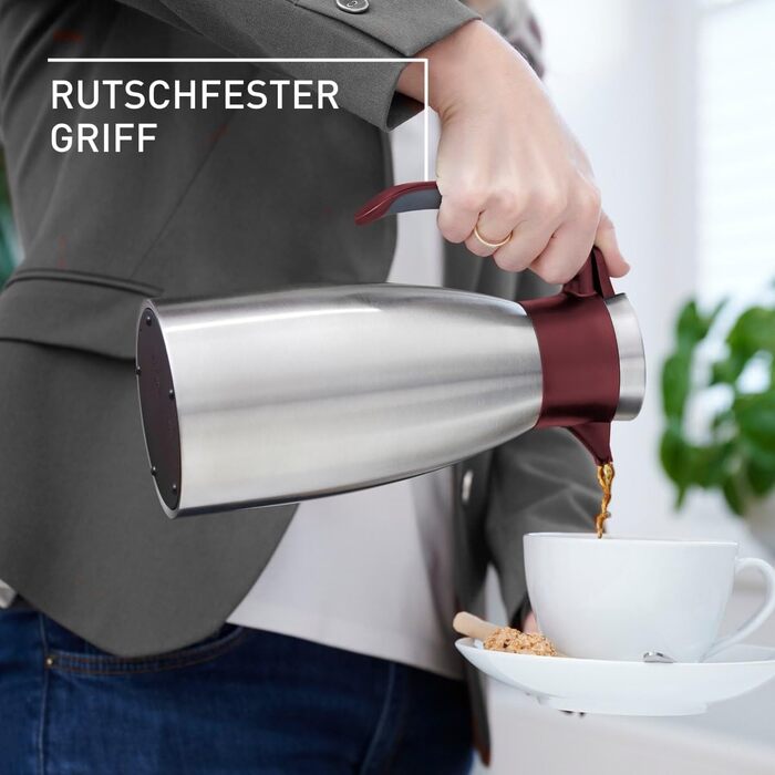 Emsa Soft Grip Insulated Thermos, 1.5 Liter, Stainless Steel, 12 hours hot + 24 hours cold, Leak-proof, Non-slip Grip, Color Burgundy N4120500