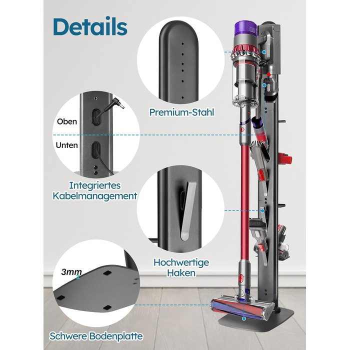 Підставка для пилососів Dyson G5, V15, V12, V11, V10, V8, V7, V6, металева з 4 гачками та 4 полицями, без свердління, стійка, підлогова, приховане кріплення кабелю, темно-сірий