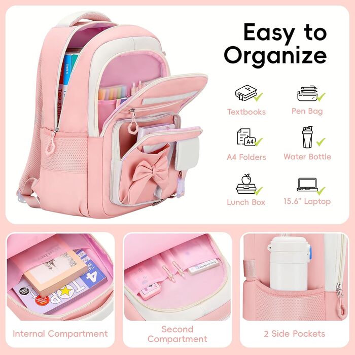 Шкільний рюкзак для дівчинки 3 в 1: рюкзак, ланч-бокс, пенал. Kawaii дизайн, 3-7 клас, антикрадійний, 24L, рожевий