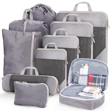 Набір органайзерів для валізи 10 шт. Packing Cubes з компресією, сірі. Організатори для подорожей, дорожні сумки, органайзери для одягу у валізу та рюкзак