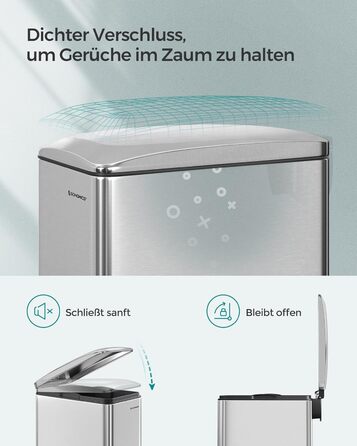 Степле́р SONGMICS для кухні, 48 літрів, вузький, з м'яким закриттям, з відром, з нержавіючої сталі, 15 мішків у комплекті, сріблястий