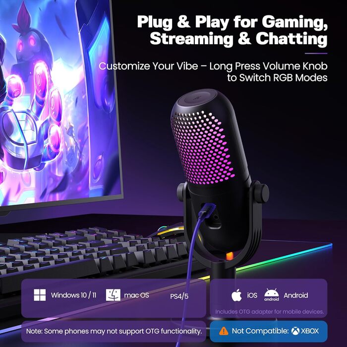 USB Мікрофон для ПК, Gaming RGB Zubehör PS4/PS5: Студійний мікрофон з регулюванням гучності, ехо та кнопкою вимкнення звуку для YouTube, Streaming, Подкастів, Windows/Mac