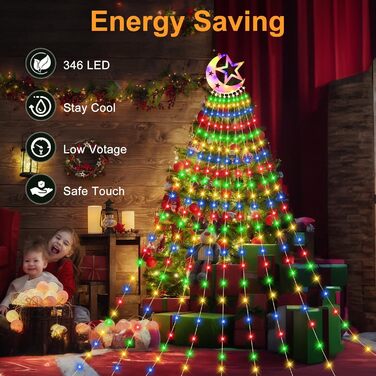 Гірлянда для ялинки 3.5м, 346 LED, 9 струмків, зірка-верхівка, 8 режимів, вологостійка, тепле біле світло (RGB), для декору ялинки