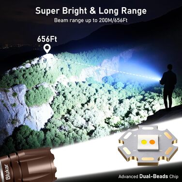 LED ліхтарик Blukar з регулюванням температури світла, 2000L, зум, 10 режимів, водонепроникний, для кемпінгу та активного відпочинку (колір: коричневий)