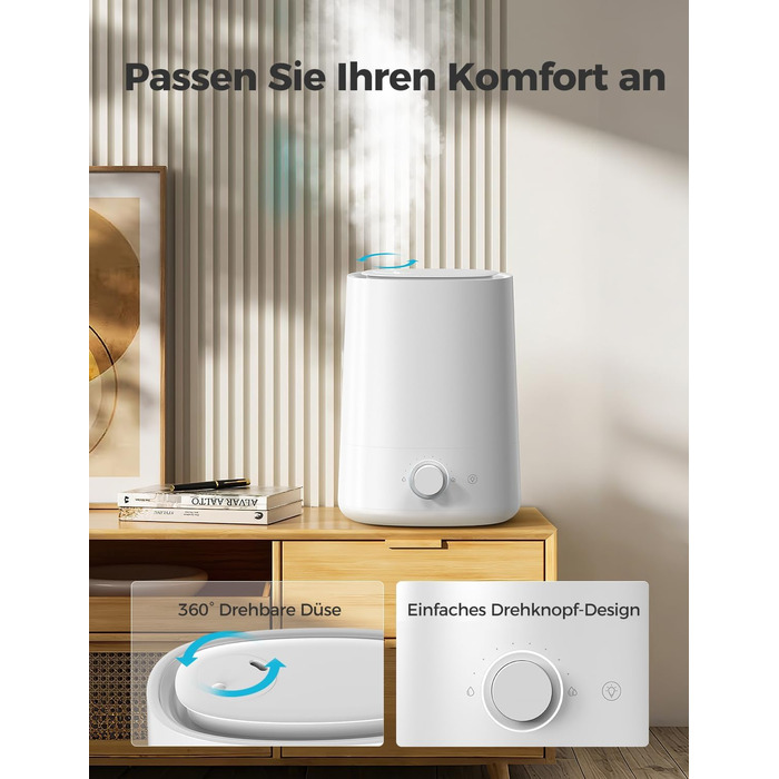 Зволожувач повітря AROEVE 5L з верхнім заповненням, ультразвуковий, холодний туман, для спальні з дифузором ефірних олій, 360° поворотний носик, 28dB нічне підсвічування, 50 годин роботи, для дитячої кімнати, рослин