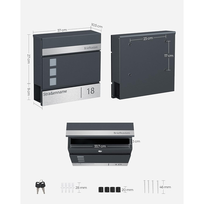Поштовий ящик SONGMICS з персоналізованим гравіюванням, номерний знак, сучасний антрацитово-сріблястий, з замком та вікном для газет