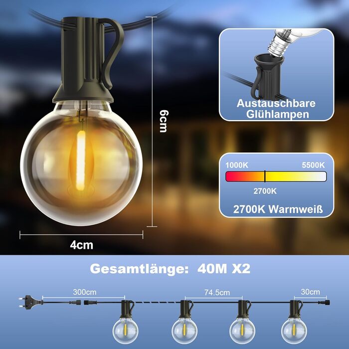 LED гірлянда Yuusei для зовнішнього та внутрішнього використання, 100+4 лампочки, тепле біле світло, IP45, 2x30м (80м)