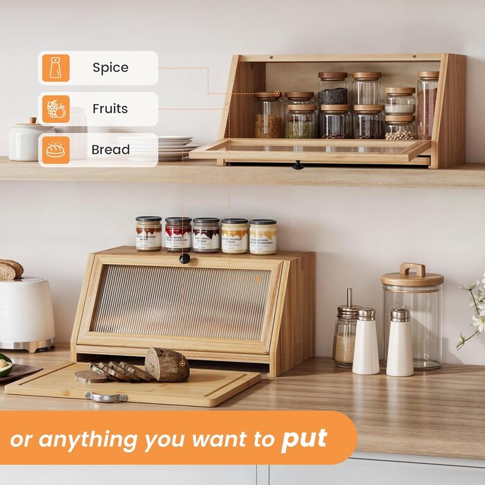 YOUDENOVA Скринька для хліба з дощечкою для нарізання, дерев'яний кошик для хліба, коробка для зберігання, бамбукова коробка для хліба, солі та перечниці, 39x25x20 (ДхШхВ) см, (Bois)