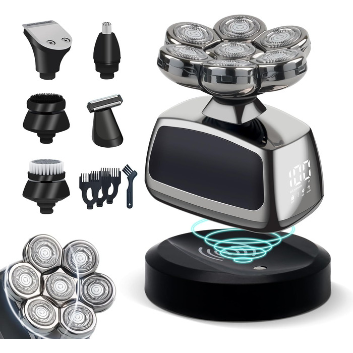 Електрична машинка для гоління голови Qhecomce 6-в-1, чоловіча, з 7 плаваючими головками, для сухого та вологого гоління, чорна